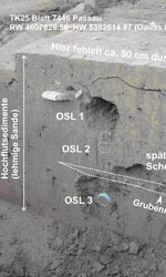 Abb. 25: Passau-Neumarkt. Profil der spätlatènezeitlichen Grube (Objekt 222) mit
Markierung
der Proben zur Sedimentanalytik und zur OSL-Messung.